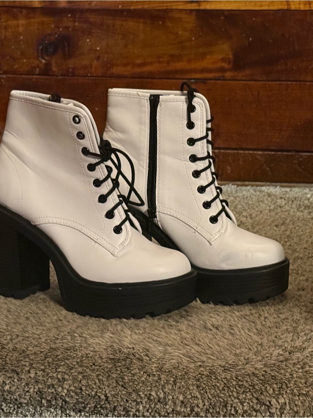 Soda White Lace-Up Platform Ankle Boots with Black Sole